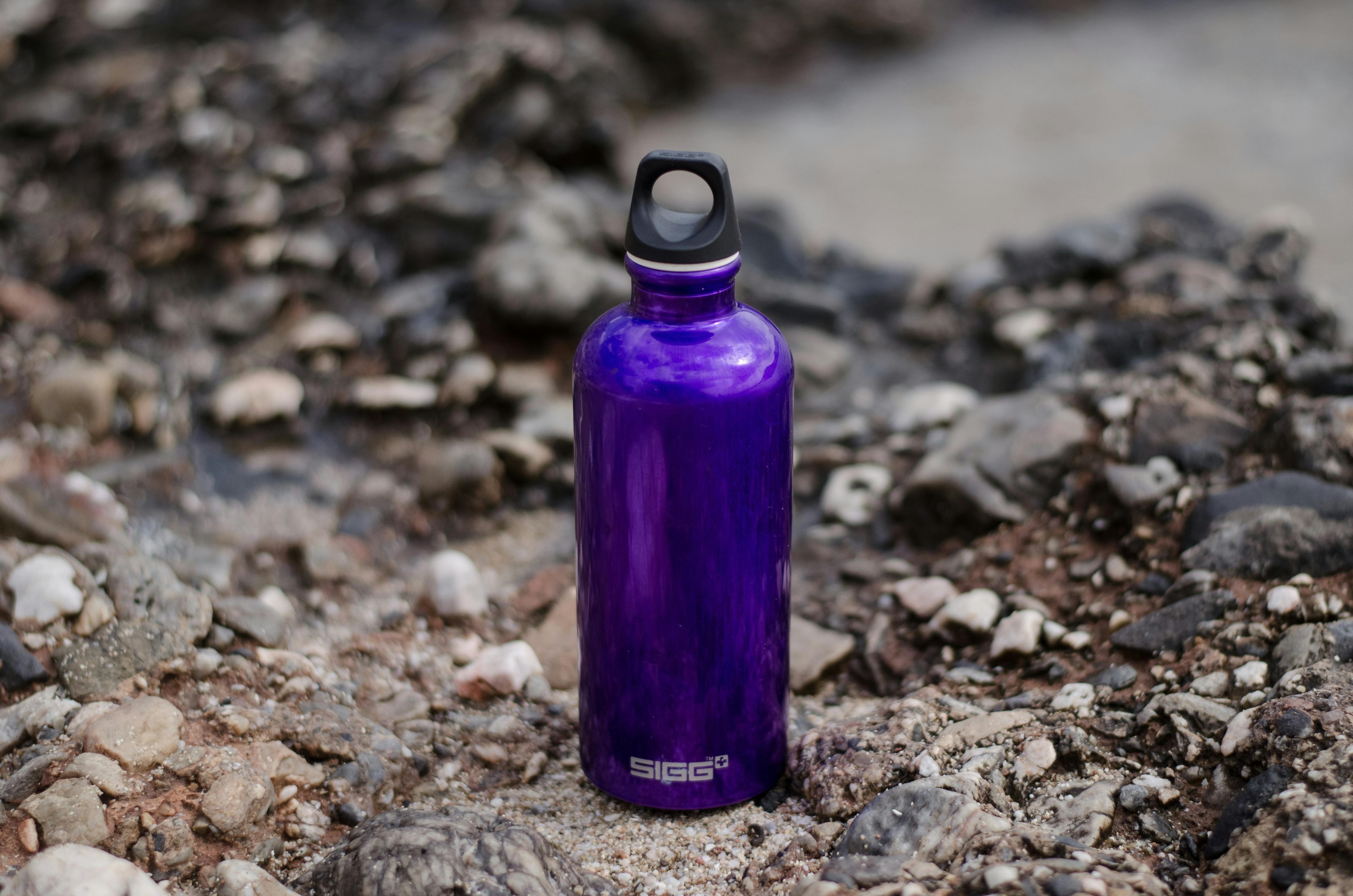 Picture of a purple water bottle with a purple anodized finish.